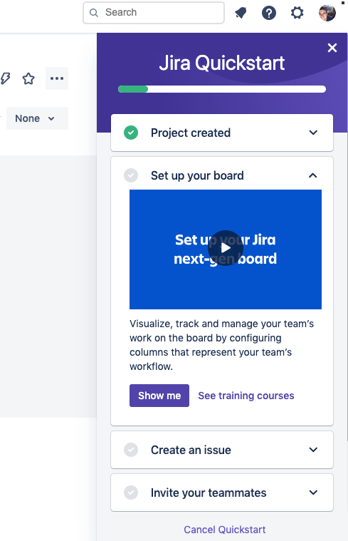 JIRA's quickstart sidebar checklist